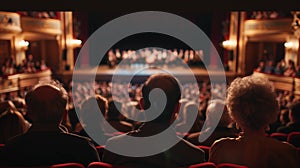 Over-the-shoulder view of a theater audience watching a stage performance, capturing the atmosphere