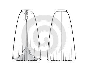 Over Skirt circular fullness technical fashion illustration with bow, floor ankle lengths, thin waistband. Flat bottom