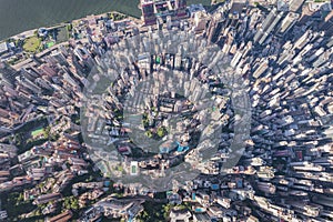 Over top view of the dense overcrowded skyscraper in Sheung Wan and Central district of Hong Kong