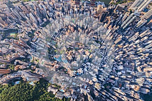 Over top view of the dense overcrowded skyscraper in Sheung Wan and Central district of Hong Kong