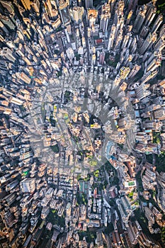 Over top view of the dense overcrowded skyscraper in Sheung Wan and Central district of Hong Kong