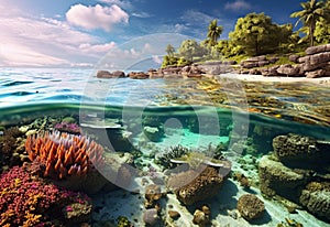 An over-under shot of a coral reef in the oceanic islands. photo