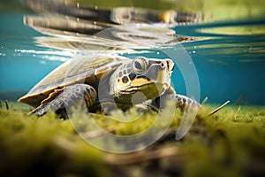 over-under shot of turtle near waters edge