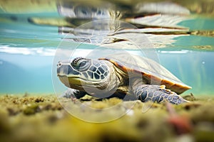 over-under shot of turtle near waters edge