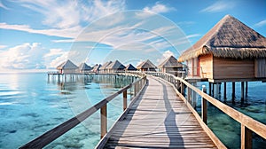 : Over water villas line in Maldivas with wooden foot bridge at sunset, holiday ad travel concept photo
