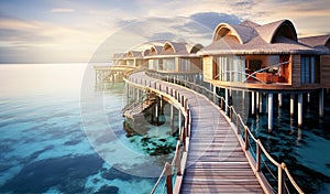 : Over water villas line in Maldivas with wooden foot bridge at sunset, holiday ad travel concept photo