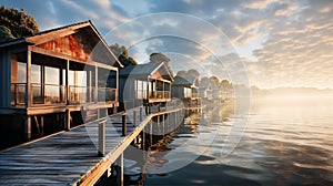 : Over water villas line in Maldivas with wooden foot bridge at sunset, holiday ad travel concept photo