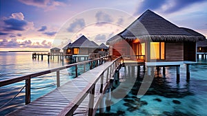 : Over water villas line in Maldivas with wooden foot bridge at sunset, holiday ad travel concept photo