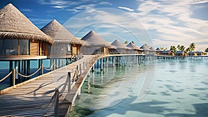 : Over water villas line in Maldivas with wooden foot bridge at sunset, holiday ad travel concept photo