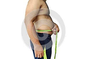 Over Weight fat man measuring belly with measuring tape.White Background.Selective focus