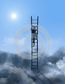 An overachieving man is seen outside an airplane window as he climbs a ladder through the clouds