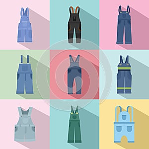 Overalls workwear icons set, flat style