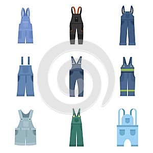 Overalls workwear icons set, flat style