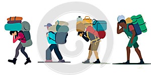 Overburdened hiker trekker figure person vector graphics illustration