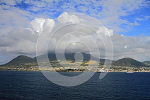 Overcast over island volcano. Saint Kitts, Federation Saint Christopher and Nevis