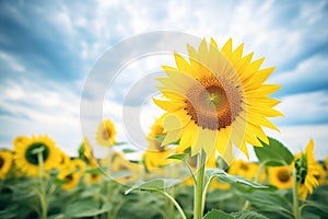 overcast sky looming over a vibrant sunflower field