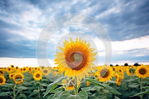 overcast sky looming over a vibrant sunflower field