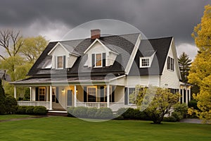 overcast weather over a dutch colonial home, dormer windows featured