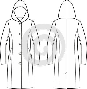 Overcoat with hood flat sketch. Classic coat apparel design. Front back. photo