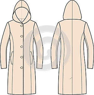 Overcoat with hood flat sketch. Classic coat apparel design. Front back. photo