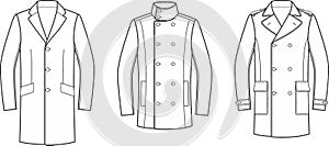 Overcoat set flat sketch. Coat apparel design. Front view. photo