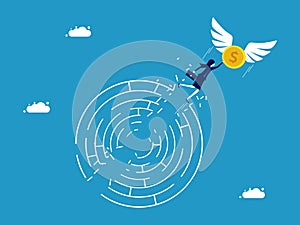 Overcome barriers with capital. Businesswoman flying with a coin through a maze