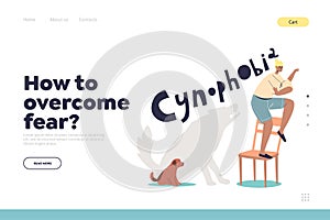 Overcome fear concept of landing page with woman suffering from cynophobia, scared of dogs