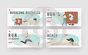 Overcome Obstacles Landing Page Template Set. Characters Developing Skills, Climbing on Rock Peak, Jump Over Barriers