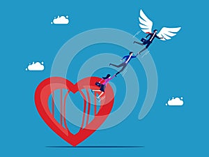 Overcome yourself and get out of the heart cage. Business team with flying wings