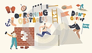 Overcoming Obstacles Concept. Characters Seeking Success, Developing Skills, Climbing on Rock Peak, Jump Over Barriers