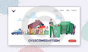 Overconsumption Landing Page Template. Family or Customers Characters Load Goods from Car to Home Full of Useless Things