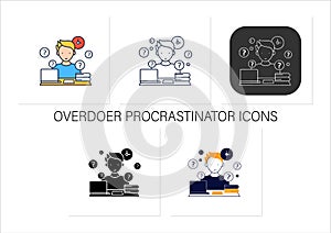 Overdoer procrastinator icons set