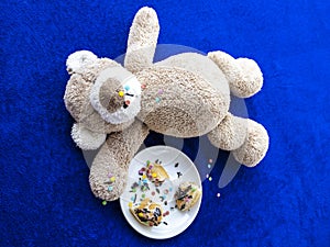 Overeaten teddy bear with doughnut leftovers