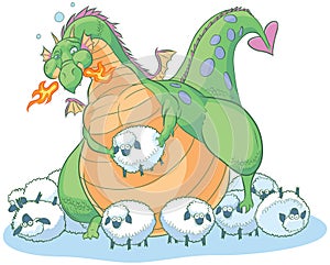 Overeating fat cartoon dragon with clueless sheep photo