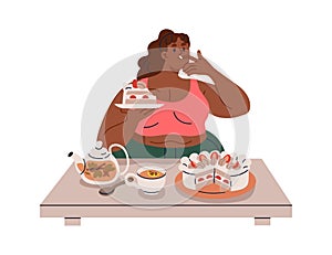 Overeating and gluttony. Fat chunky woman eating sweet cake, sugar food, confectionery. Chubby character with pastry photo