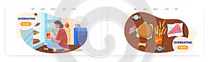 Overeating landing page design, website banner vector template set. Woman eating junk food in front of open refrigerator