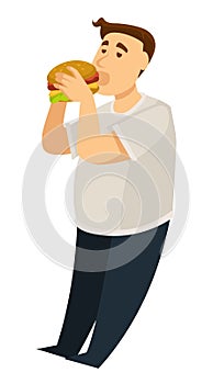 Overeating obesity man eating hamburger fat guy