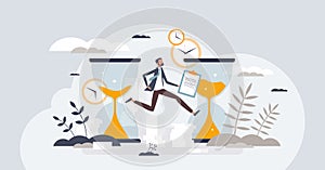 Overemployment and stressful time management for work tiny person concept