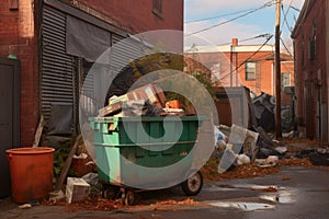 overfilled dumpster with a no dumping sign nearby