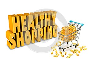 Overfilled shopping cart filled with yellow orange omega 3 capsules