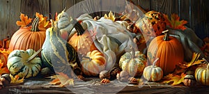 Overflowing Abundance of Autumnal Pumpkins Gourds and Colorful Fallen Leaves on Aged Wooden Table
