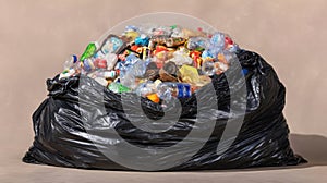 The overflowing black garbage bag filled with plastic waste and debris. AI generated image
