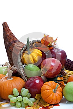 An overflowing cornucopia on a white background