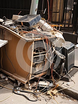 An overflowing dumpster jammed with broken furniture electrical cords and paper waste.. AI generation