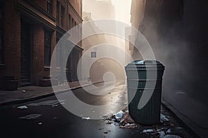 overflowing garbage bin in street against backdrop of city and fog