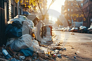 Overflowing garbage can in an urban area. Mess and trash on the street near rubbish container bin. Continual challenge of waste