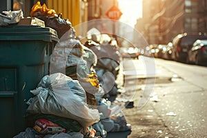 Overflowing garbage can in an urban area. Mess and trash on the street near rubbish container bin. Continual challenge of waste