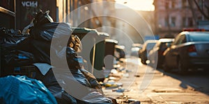 Overflowing garbage can in an urban area. Mess and trash on the street near rubbish container bin. Continual challenge of waste