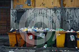 Overflowing garbage containers and bags clutter urban street corner