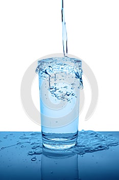 Overflowing mineral water in transparent glass with drops and bu